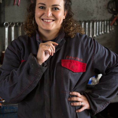 Giorgia ready to work on a sculpture in her workshop