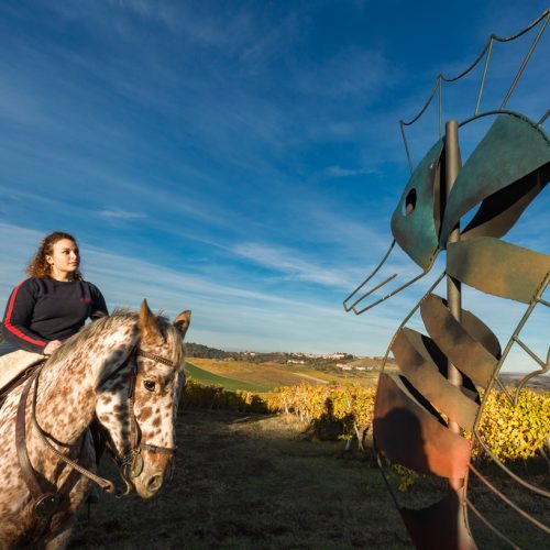 Giorgia visits one of her sculptures, a seahorse, with her horse, Zietta